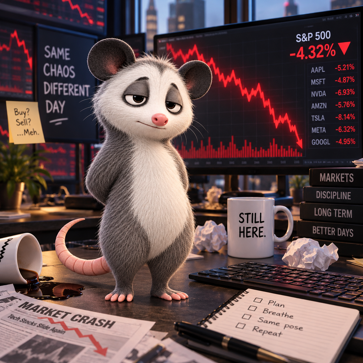Posby during a market crash — standing calmly with hands behind his back