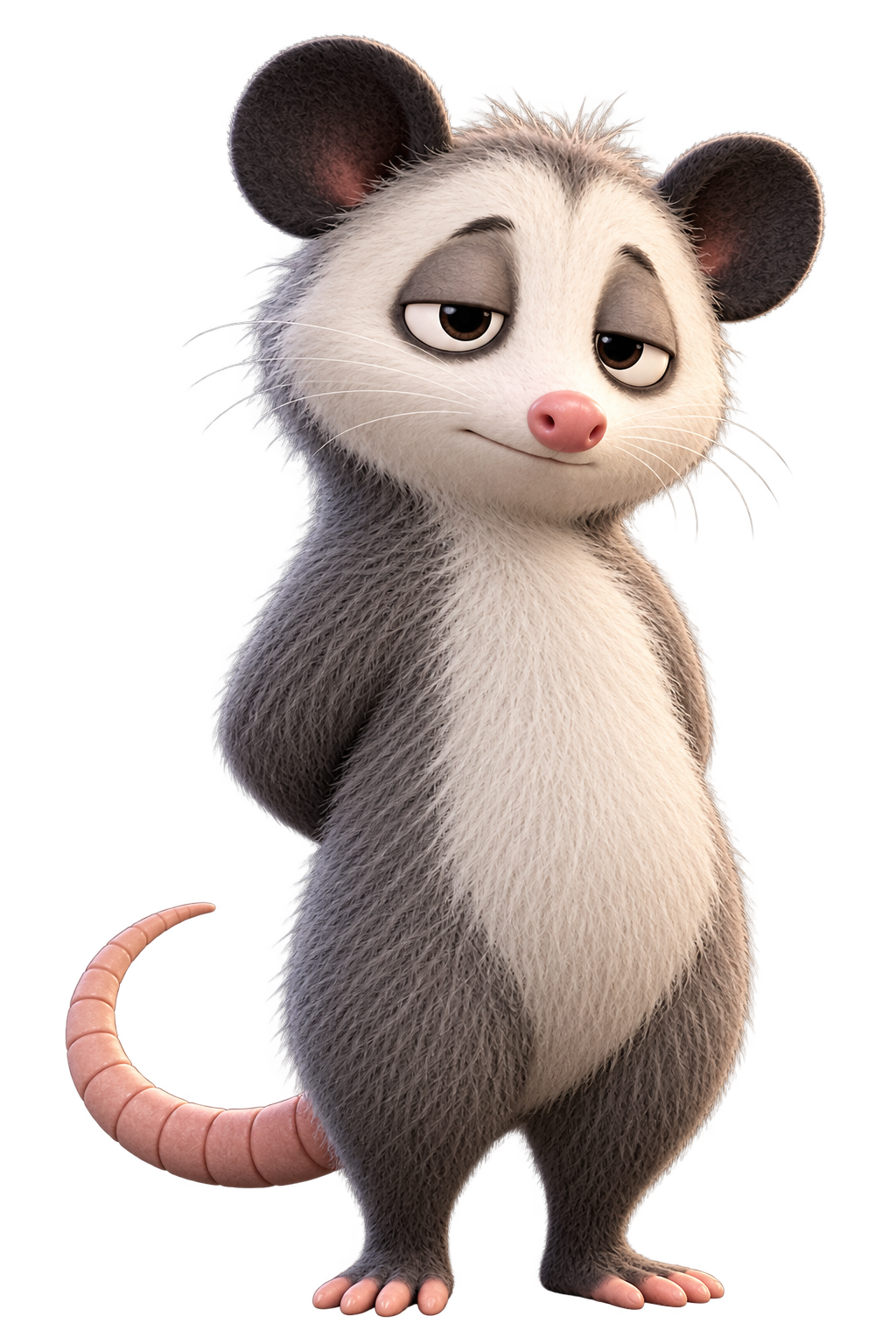 Posby — an opossum standing calmly with hands behind his back